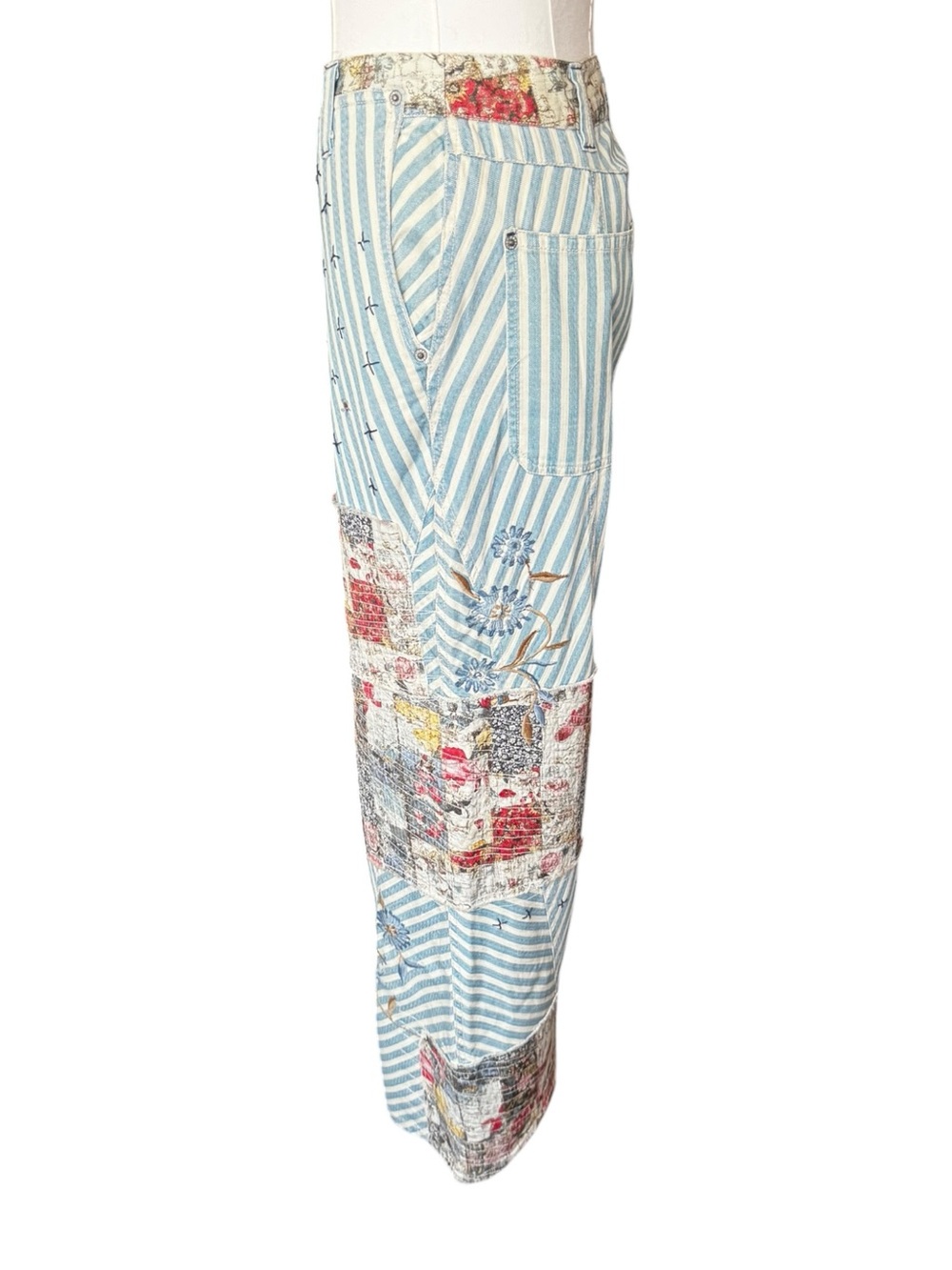Free People Blue & White Striped Wide Leg Patchwork Jeans - Picture 9 of 16